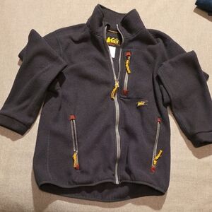 REI Charcoal Fleece Jacket with Yellow and Red Zippers